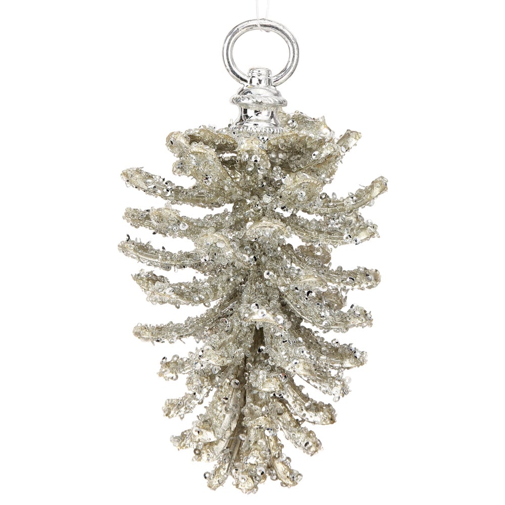 Ornement de Noël pomme de pin platine glacée avec brillants - Décors Véronneau