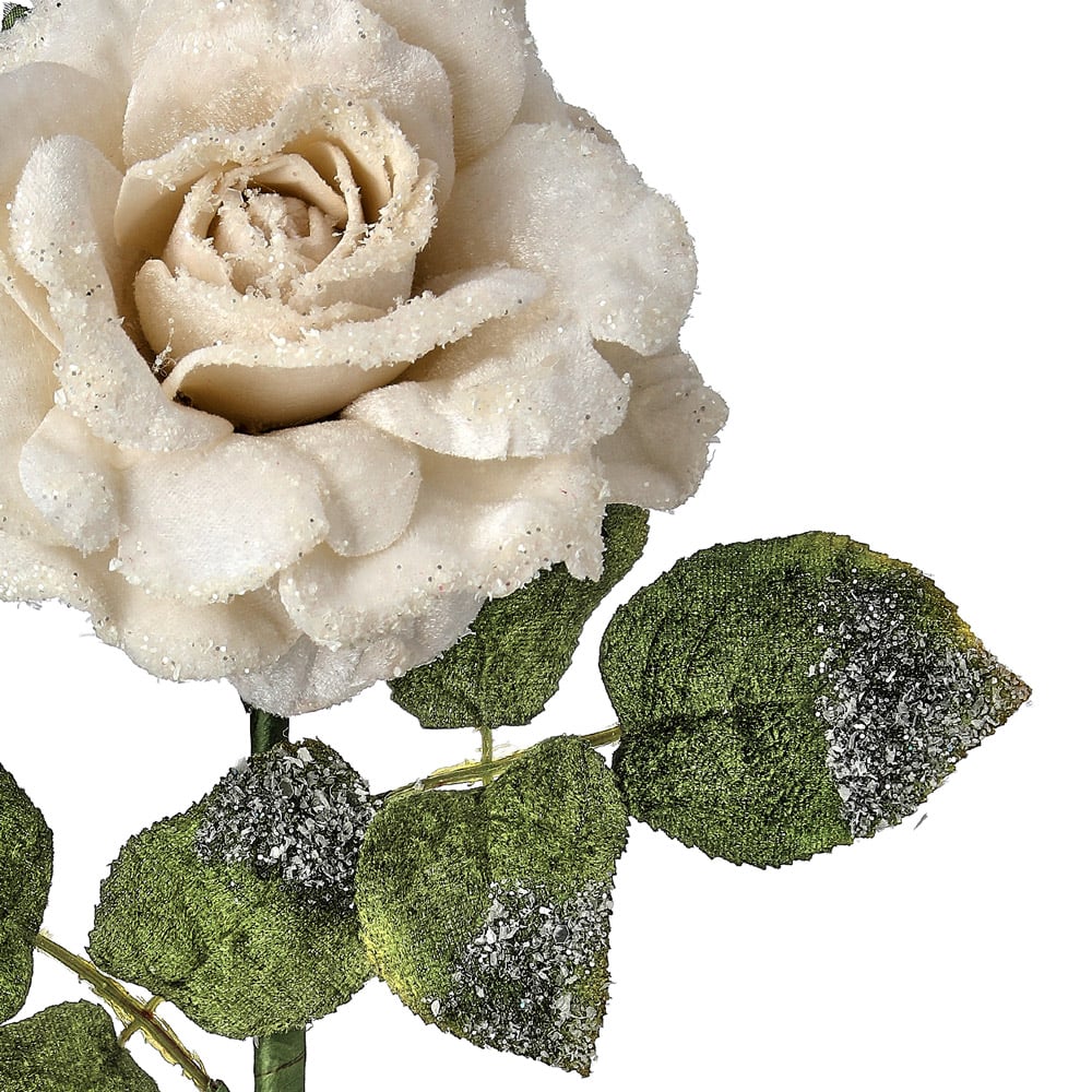 Rose de Noël ivoire recouverte de fine neige givrée - Décors Véronneau
