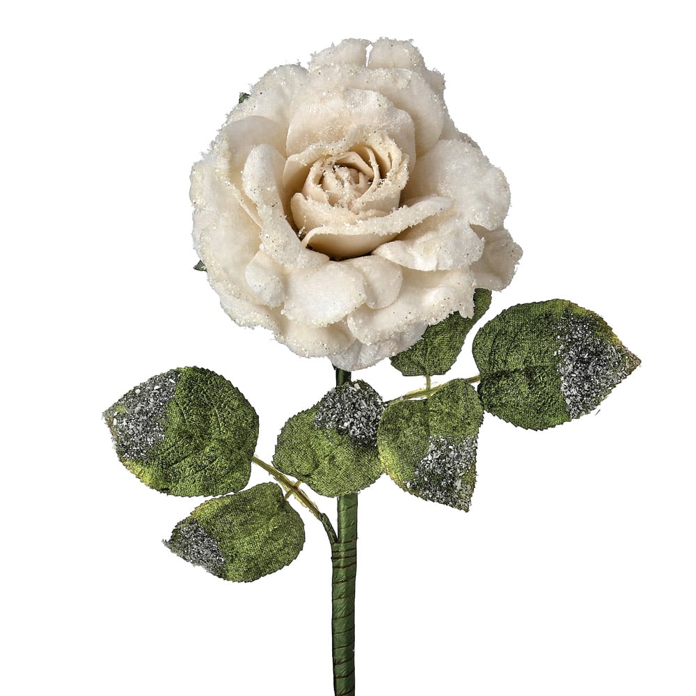 Rose de Noël ivoire recouverte de fine neige givrée - Décors Véronneau