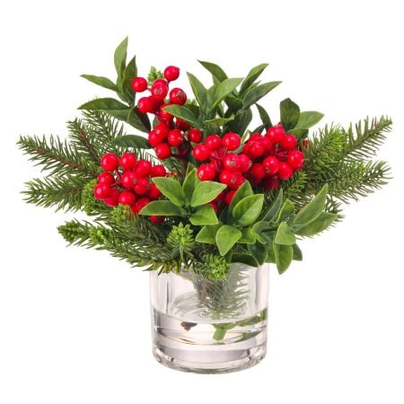 Berry, spruce and pinecone arrangement with faux water, 9''