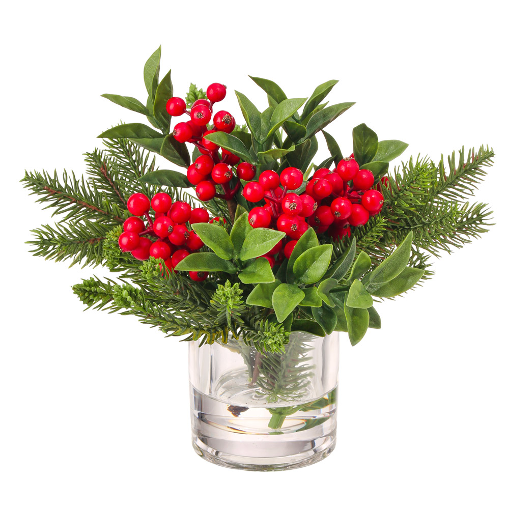 Arrangement de baies, pin et cocottes en vase avec eau artificielle - Décors Véronneau