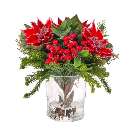 Frosted red poinsettia Christmas arrangement with faux water, 12''