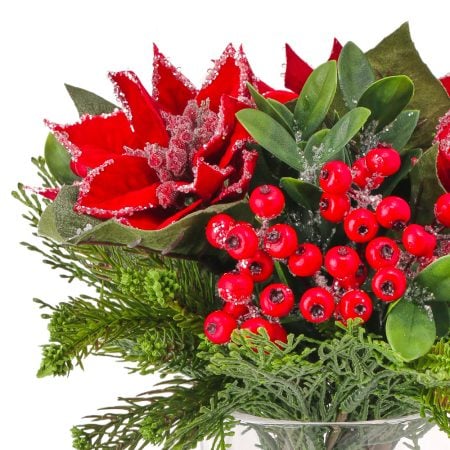 Frosted red poinsettia Christmas arrangement with faux water, 12'' - Décors Véronneau