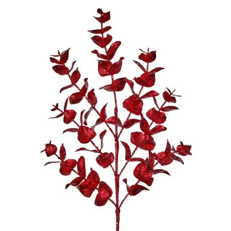 Branche d'eucalyptus artificiel rouge pailleté, 25''