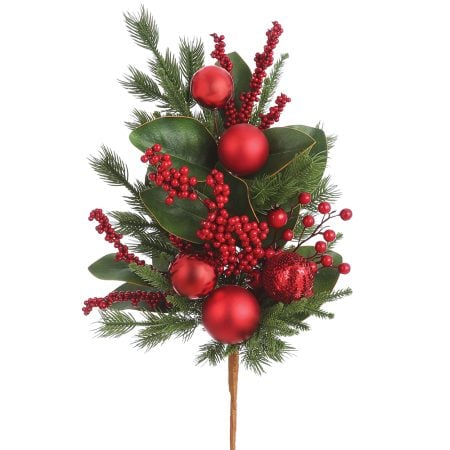 Tige décorative de baies et boules rouges pour sapin, 26''