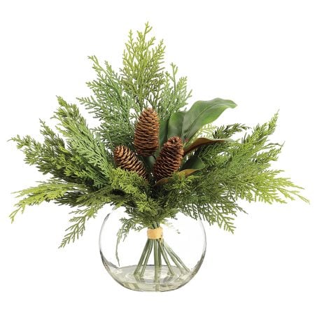 Cedar and pinecone winter centerpiece in a vase, 16''