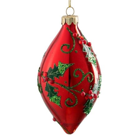 Ornement de Noël en verre clair rouge avec houx - Décors Véronneau