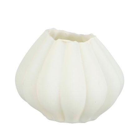 Small minimalist grooved cream glass vase, 4,5 x 5,5''