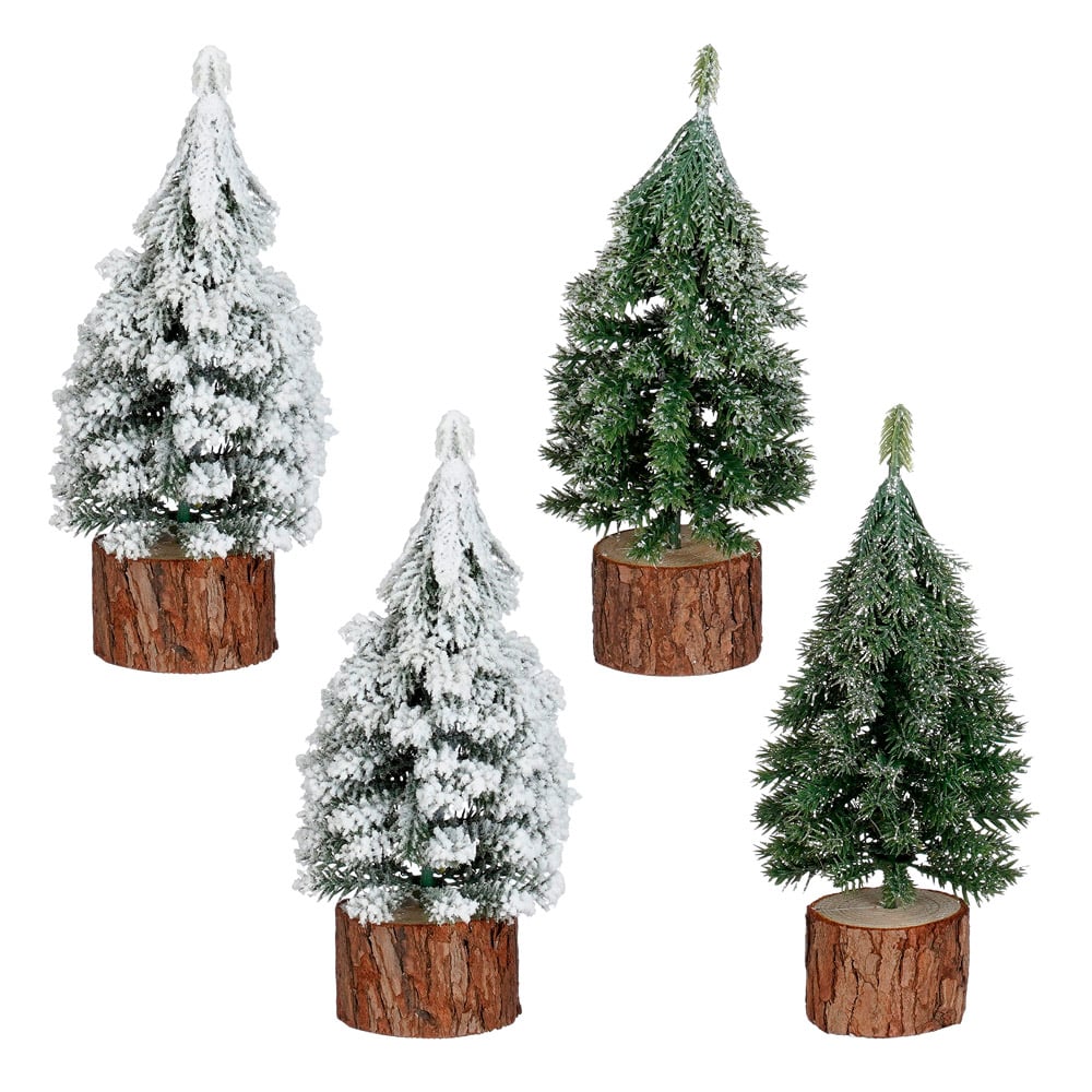 Small Christmas tree village decoration on wood log, 7,5'' - Décors Véronneau
