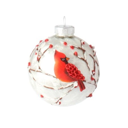Boule de Noël cardinal rouge sur branche de baies - Décors Véronneau