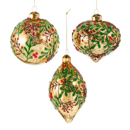 Holly berry gold glass Christmas bauble, 4''