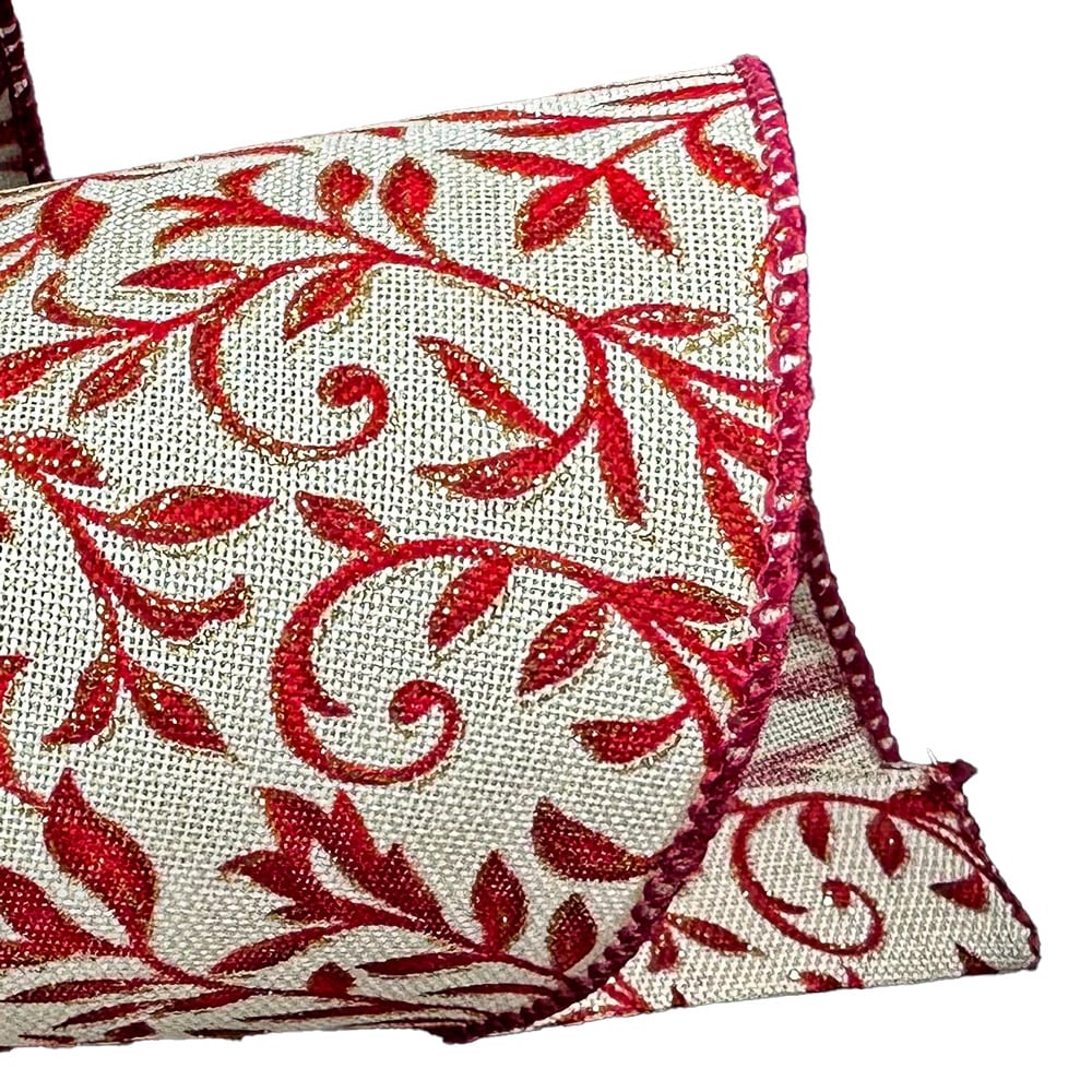 Ruban d'emballage de Noël en lin avec feuilles rouges, 30' x 2,5'' - Décors Véronneau
