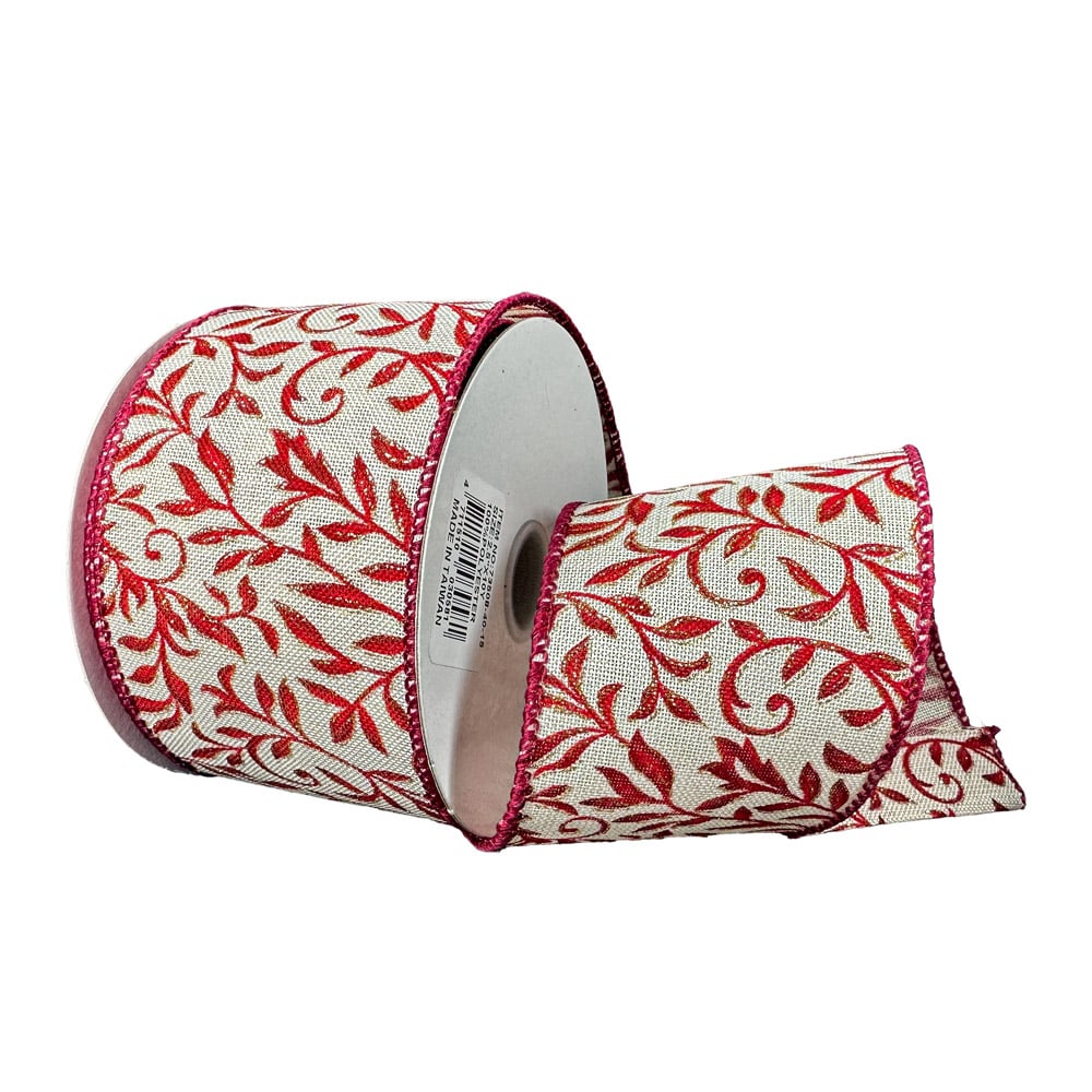 Ruban d'emballage de Noël en lin avec feuilles rouges, 30' x 2,5'' - Décors Véronneau