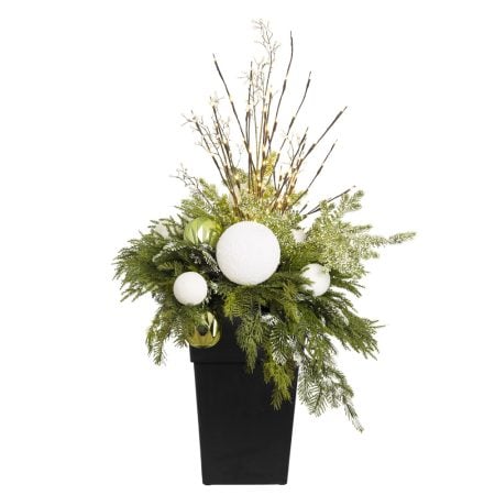 Green and white outdoor potted Christmas decoration