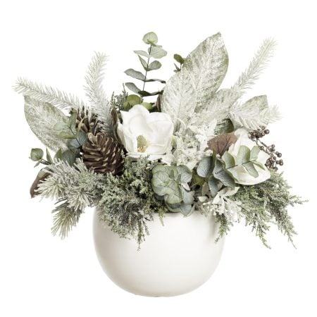 Snowy Christmas centerpiece in a white pot
