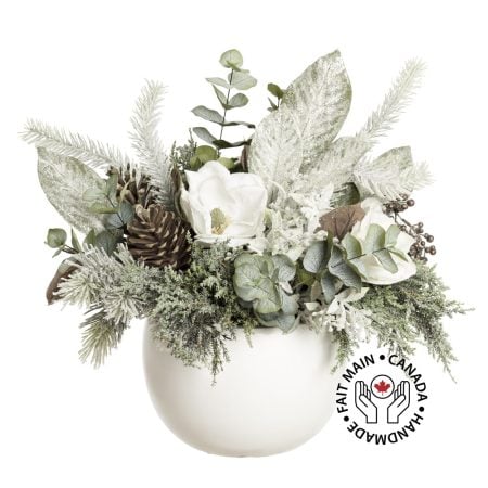 Centre de table enneigé en pot rond blanc