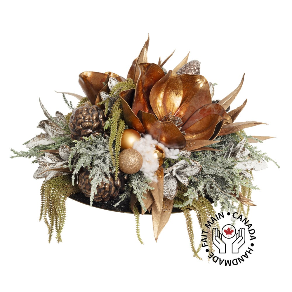 Centre de table chic et festif avec magnolia cuivre - Décors Véronneau