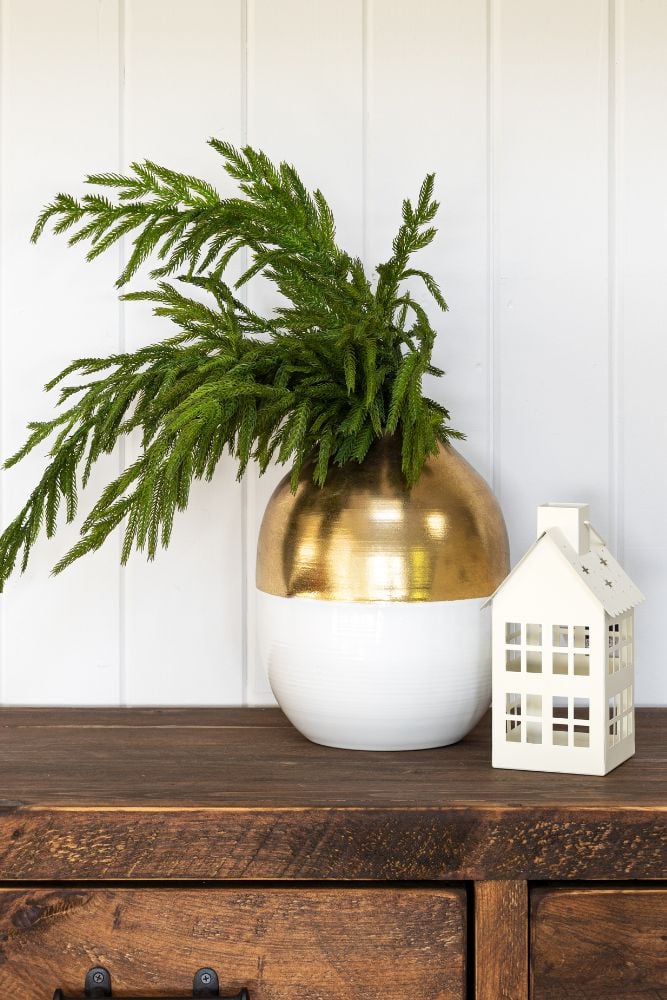 Branche de cyprès dans un vase et maisonnette - Décors Véronneau