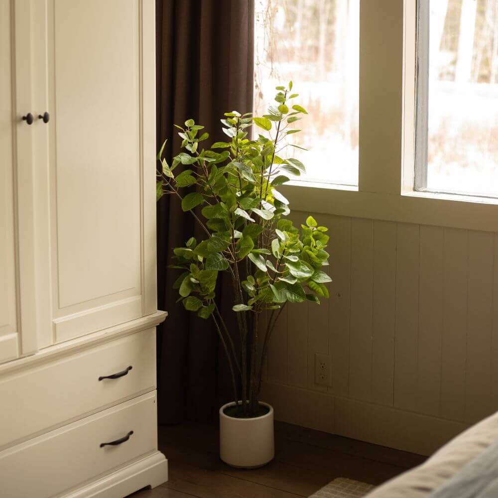 Petit arbre artificiel smoke tree dans un pot blanc au bord d'une fenêtre - Décors Véronneau