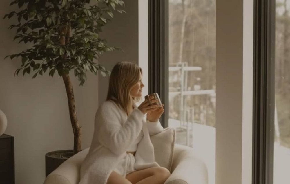 Arbre avec femme qui tient son café - Décors Véronneau