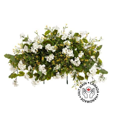 Couvre-épitaphe artificiel de géranium blanc et fleurs jaunes