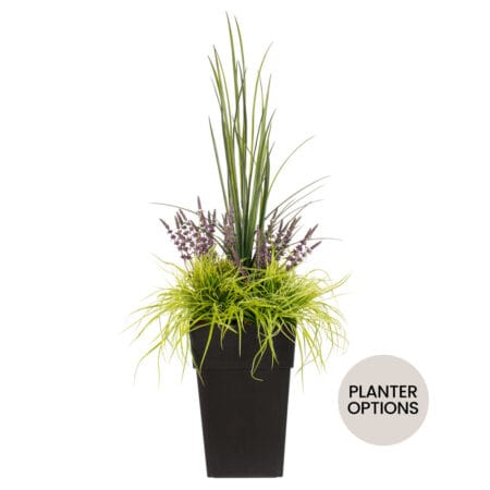 Artificial lavender and grass outdoor flower arrangement