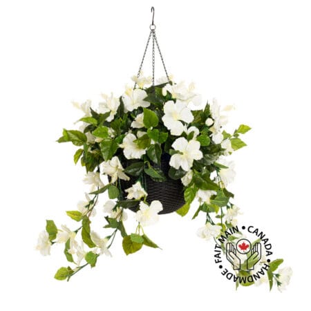Jardinière suspendue d'hibiscus blanc en pot noir, 24 x 16''