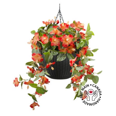 Jardinière suspendue d'hibiscus orange en pot noir, 24 x 16''
