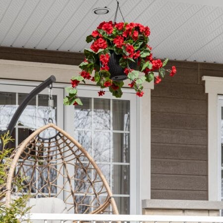 Jardinière suspendue de géranium rouge en pot noir, 24 x 16'' - Décors Véronneau