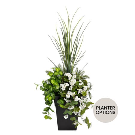 Artificial white geranium and greenery planter