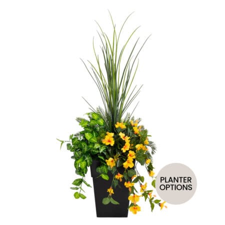 Artificial yellow hibiscus and greenery planter