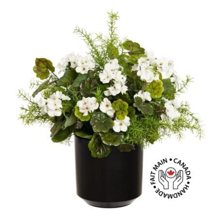 Arrangement extérieur de géranium blanc et herbes en pot noir, 19''