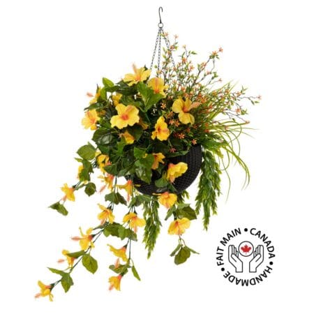 Pot noir suspendu d'hibiscus jaune et fleurs orange, 27 x 20''