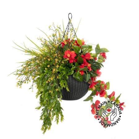 Pot noir suspendu d'hibiscus rouge et fleurs jaunes, 27 x 20''