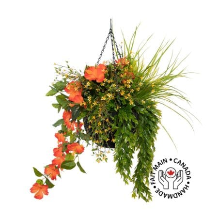 Pot noir suspendu d'hibiscus orange et fleurs jaunes, 27 x 20''