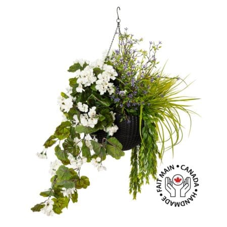 Pot noir suspendu de géranium blanc et fleurs mauves, 27 x 20''