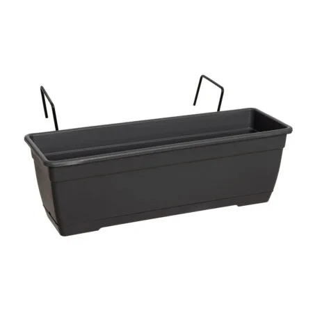 Dark grey plastic balcony rail planter with stand, 6,5 x 20''