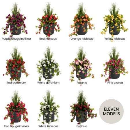 Artificial DIY outdoor planter kit in a rounded black pot - Décors Véronneau