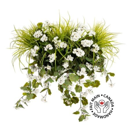 Balconnière extérieure artificielle de géranium blanc et herbes vertes
