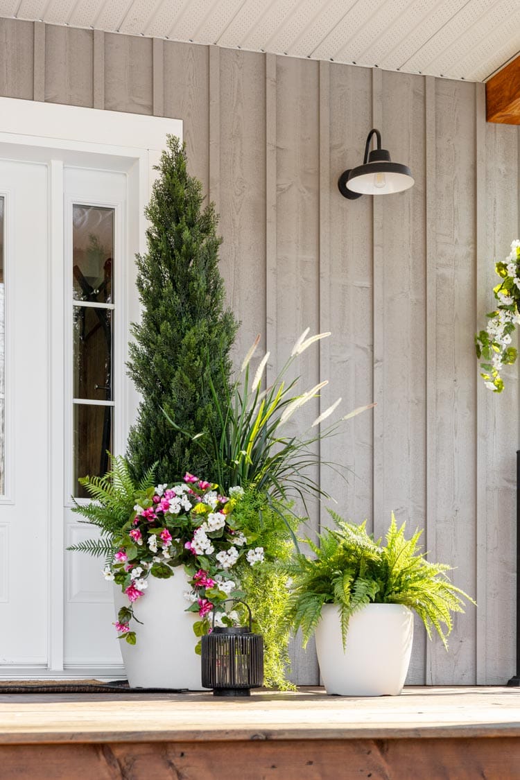 Cèdre avec fleurs dans une jardinière - Décors Véronneau