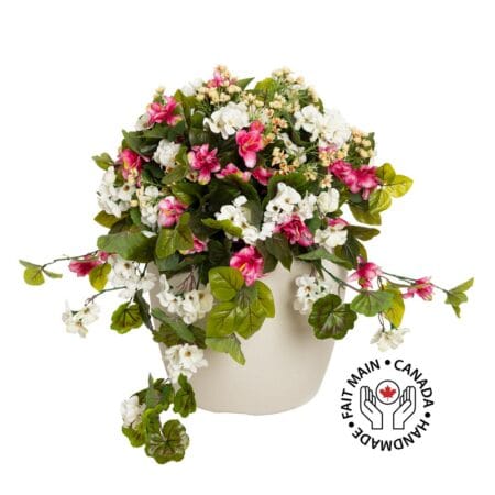 Arrangement extérieur artificiel d'azalée rose, géranium et fleurs jaunes