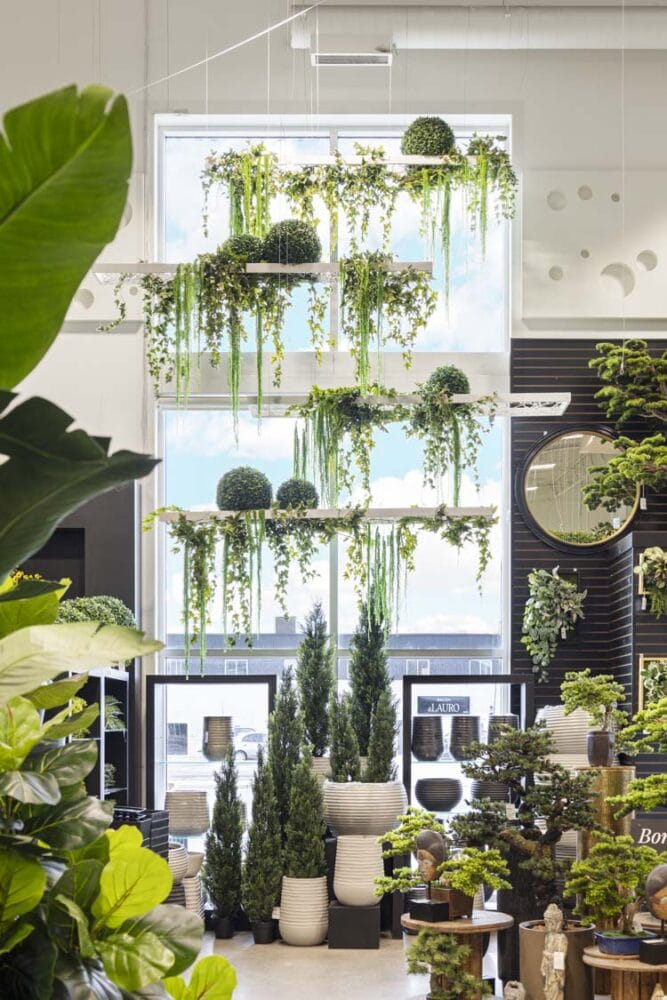 Décors Véronneau, buie et feuillage retombant en vitrine - Décors Véronneau