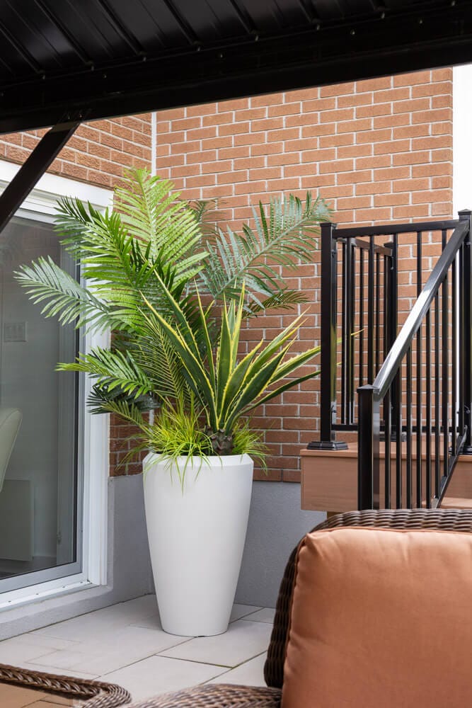 Agaves et palmiers en jardinière haute - Décors Véronneau