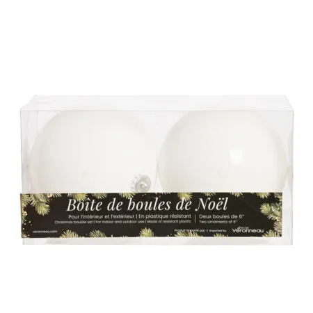 Box of matte and glossy white Christmas ball ornaments, 6''