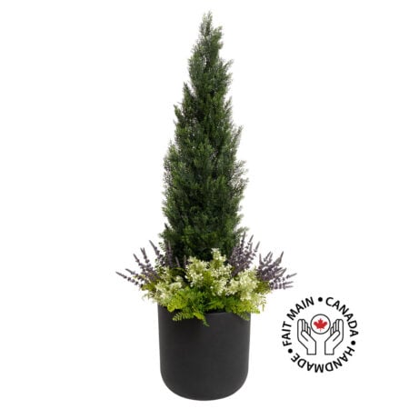 Artificial cedar planter with lavender and boxwood