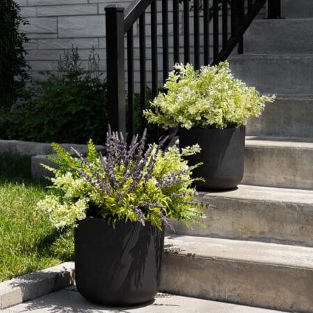 Buis vert pâle artificiel en pot arrondi noir - Décors Véronneau