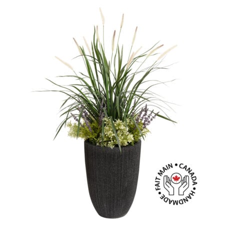 Outdoor planter with grasses, lavender and boxwood