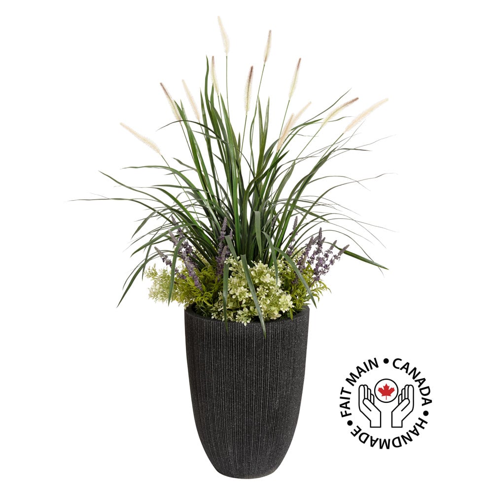 Jardinière de sol avec graminées, lavande et buis - Décors Véronneau