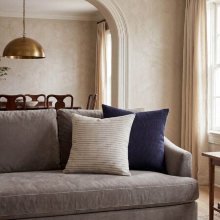Beige and grey striped throw pillow, 20 x 20'' - Décors Véronneau