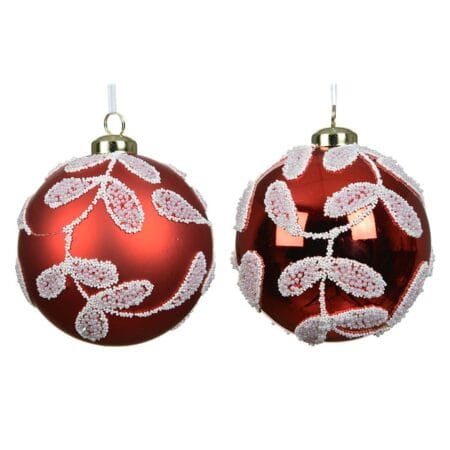 Boule de Noël rouge à motif de gui perlé incassable, 4''